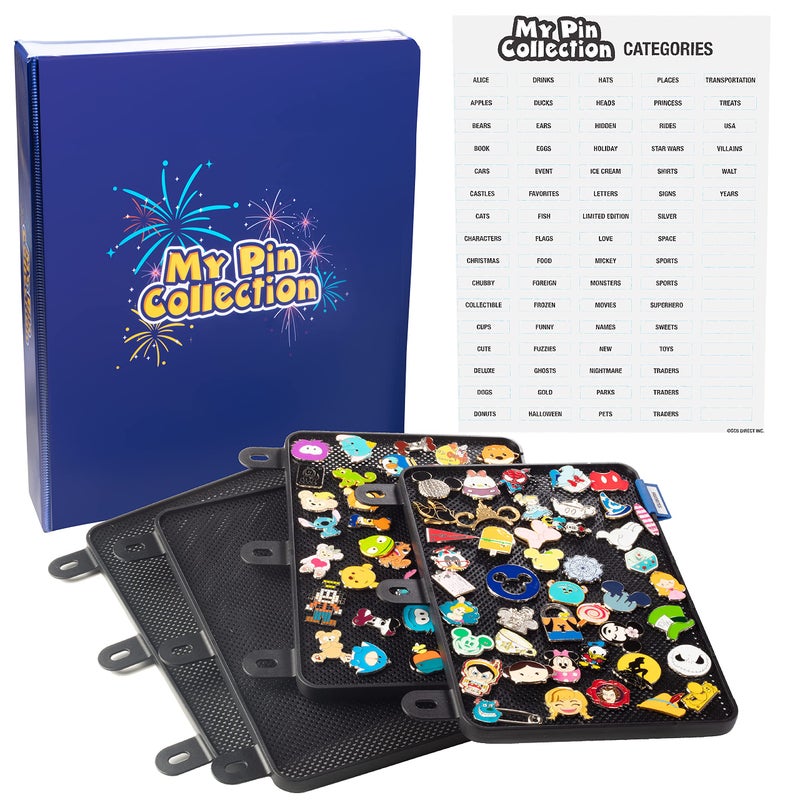 SCS Direct My Pin Collection 3-Ring Album Binder w 4 Enamel Pin Pages -Patented Design Lays Pages Flat with Pinbacks and No Sagging -Display and Trade Your Favorites -Organizational Stickers Included - Image 1